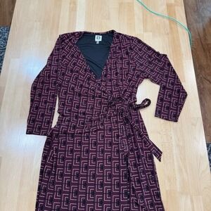 Anne Klein Petite Lg Geometric Print Wrap Dress 3/4 Sleeve Burgundy Black Career